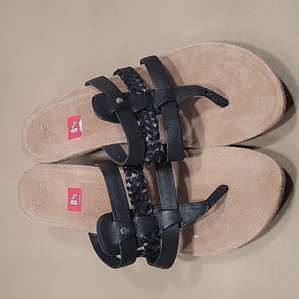 UGG Black Wedge Sandals, Leather Solid and Braided Straps, NWOT.  Size 8.5